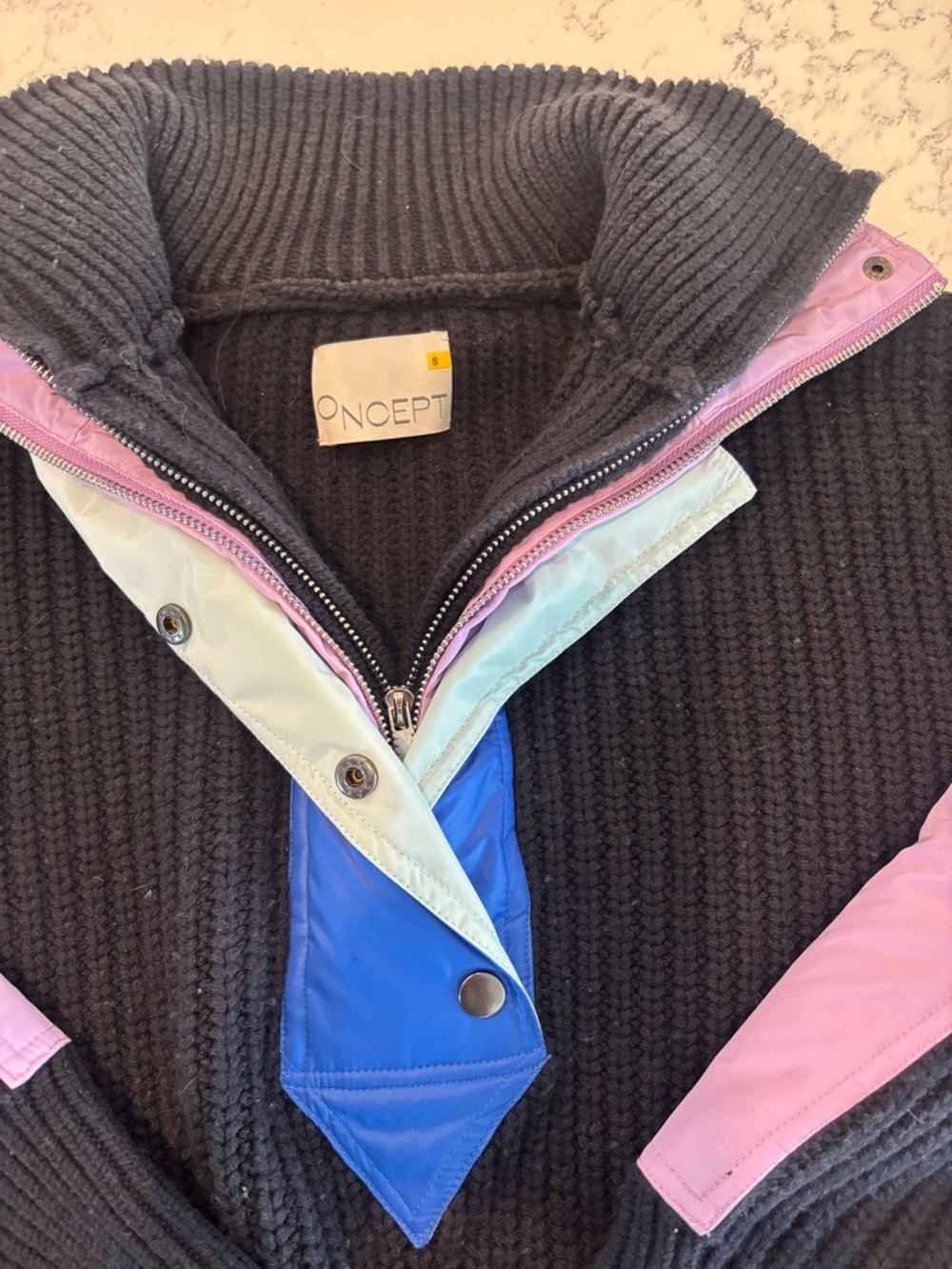 Women’s Black Ribbed Turtleneck Sweater with Pink & Blue Trim S - Picture 2 of 4